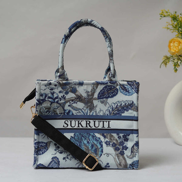 Personalised Blue Floral Printed Sling Bag - Uncommongifts.in